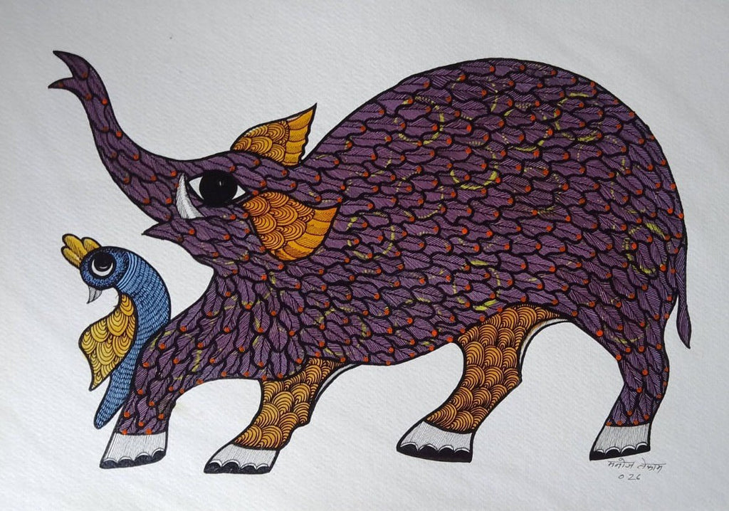 The Elephant and Peacock in Gond by Manoj Tekam Thumbnail