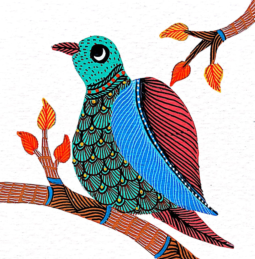 The Evergreen Vibrance: Bird on a Tree in Gond by Kailash Pradhan Thumbnail