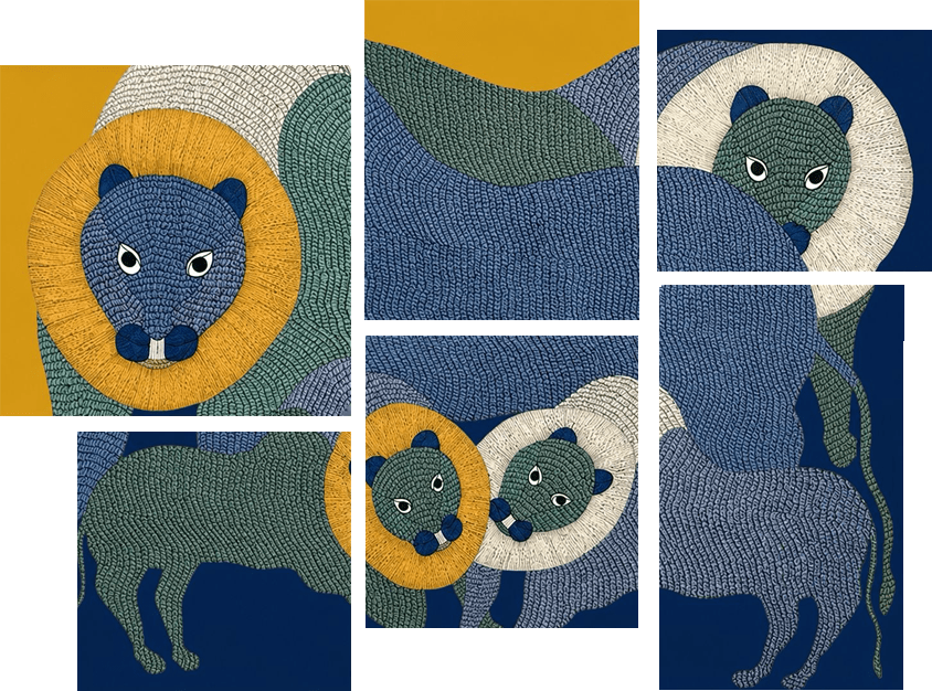 The Family of Lions in Gond by Gareeba Tekam Thumbnail