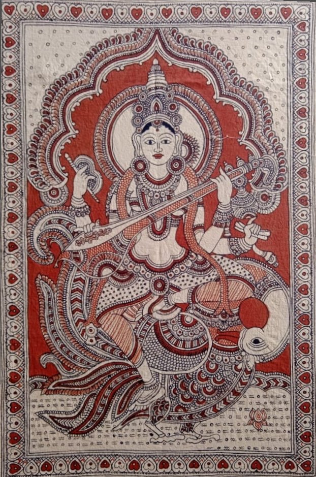 The Goddess of Wisdom: Sarasvati in Red Kalamkari by Siva Reddy Thumbnail