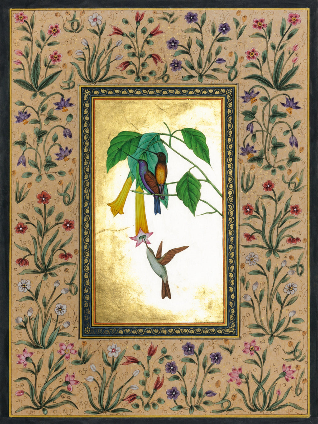 The Golden Trumpet and Hummingbirds in Mughal Miniature by Mohan Prajapati Thumbnail