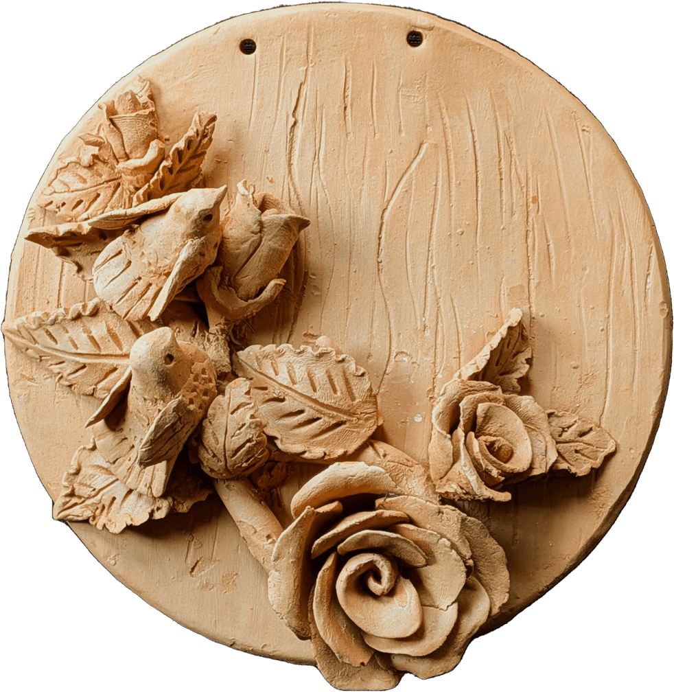 The Graceful Perch: Birds Amidst Roses in Terracotta by Dolon Kundu Thumbnail