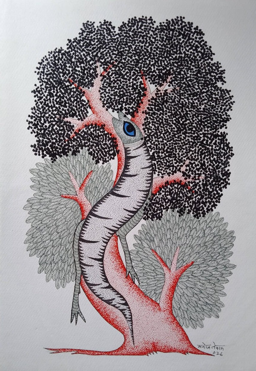 The Iguana Tree in Gond by Manoj Tekam Thumbnail