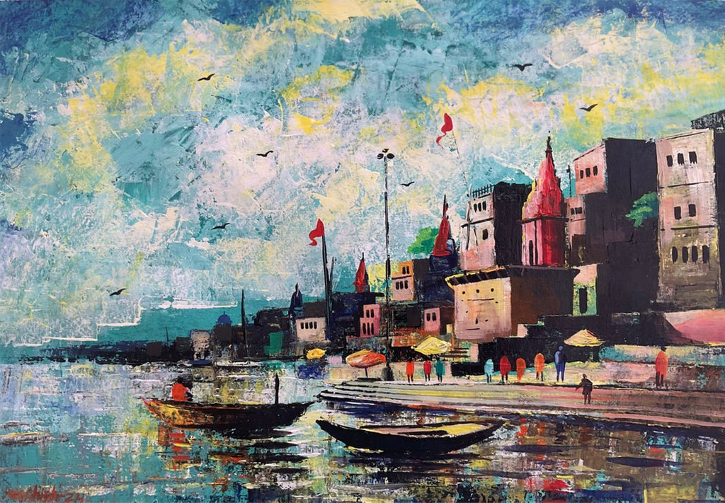 The Land of Spirituality: Varanasi Ghat in Acrylic by Ashish Kumar Mishra Thumbnail