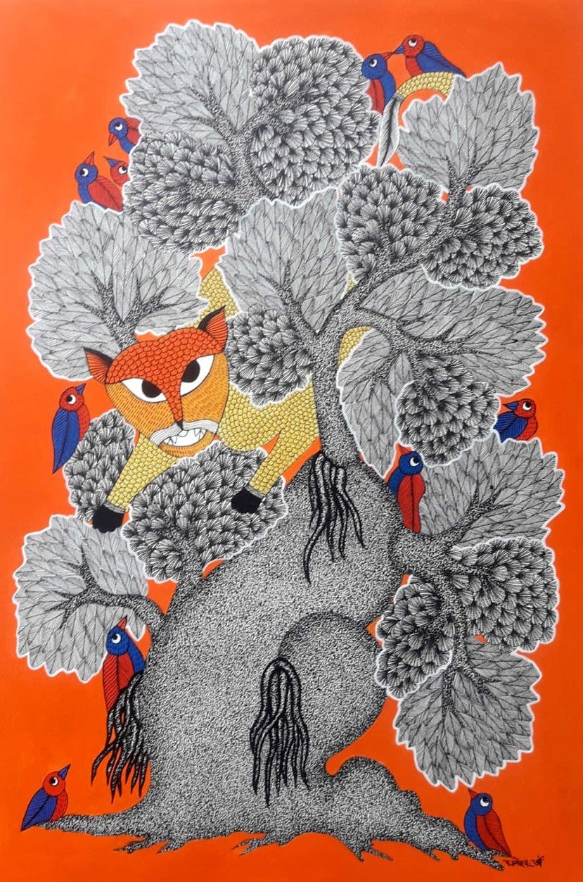 The Leopard Trunk in Gond by Dhneshwar Dhurwey Thumbnail