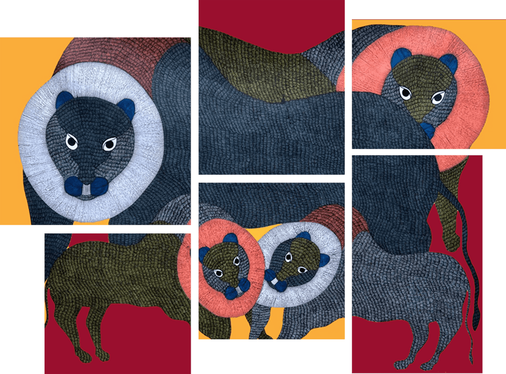 The Lion's Pride: Majestic Cats in Gond by Gareeba Tekam Thumbnail