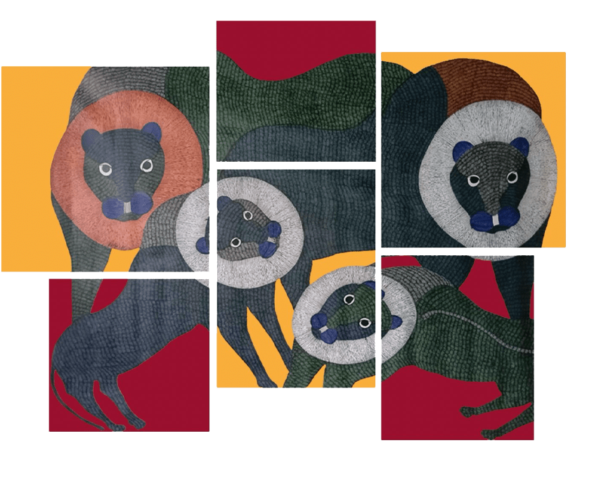 The Lion's Pride: Majestic Cats in Gond by Gareeba Tekam Thumbnail