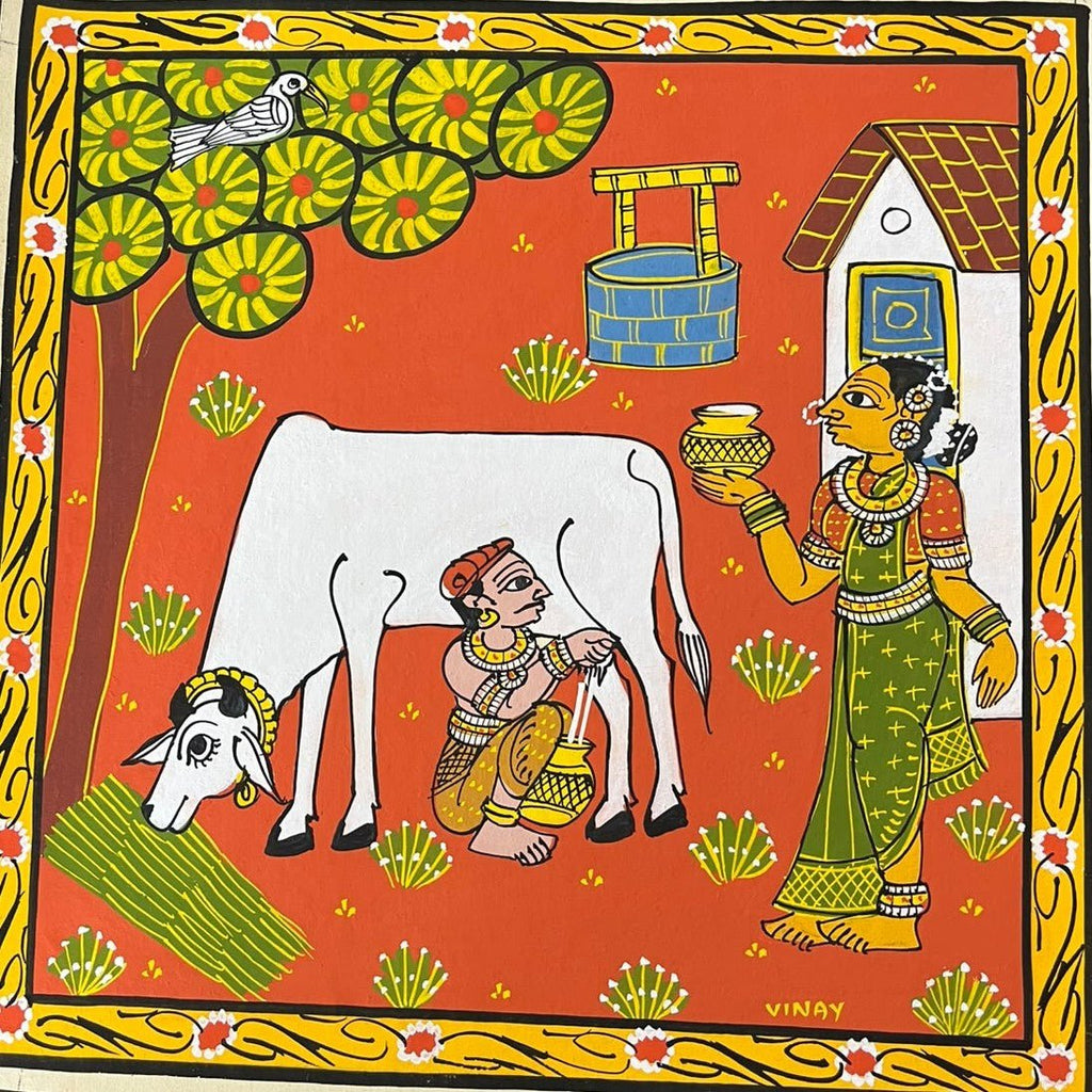 The Milkman and his Cow in Cheriyal Scroll by Dhanalakota Rakesh Thumbnail
