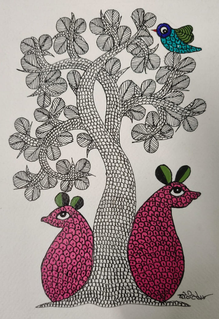 The Nature's Companion: Tree, Mouse and Bird in Gond by Choti Tekam Thumbnail