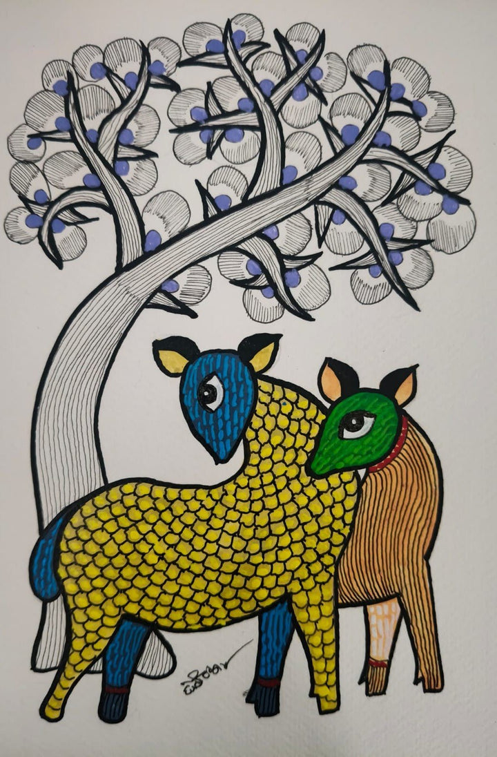 The Nature's Friends: A Pair of Deer in Gond by Choti Tekam Thumbnail
