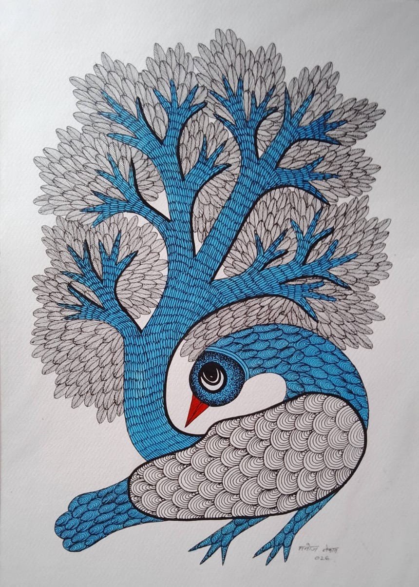 The Peacock Tree in Gond by Manoj Tekam Thumbnail
