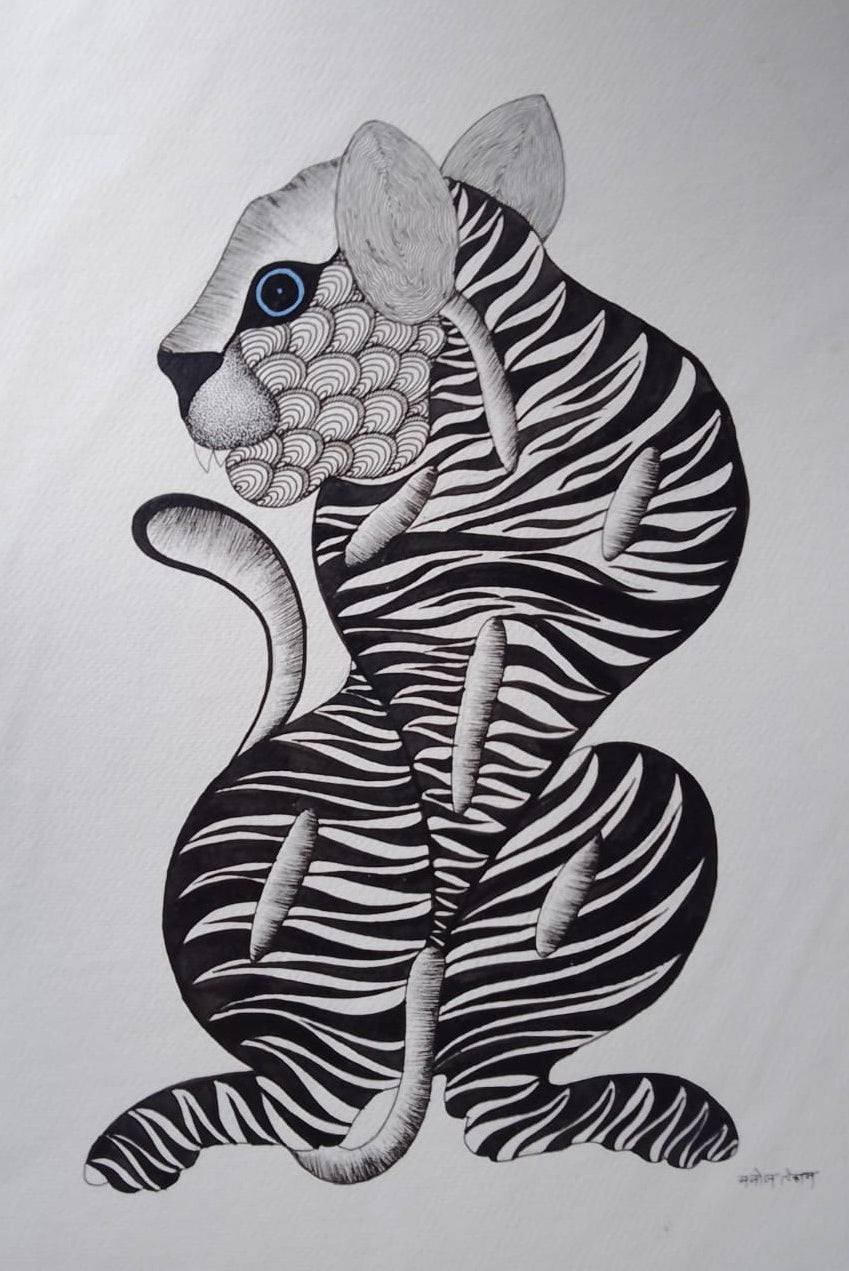 The Sitting Tiger in Gond by Manoj Tekam Thumbnail