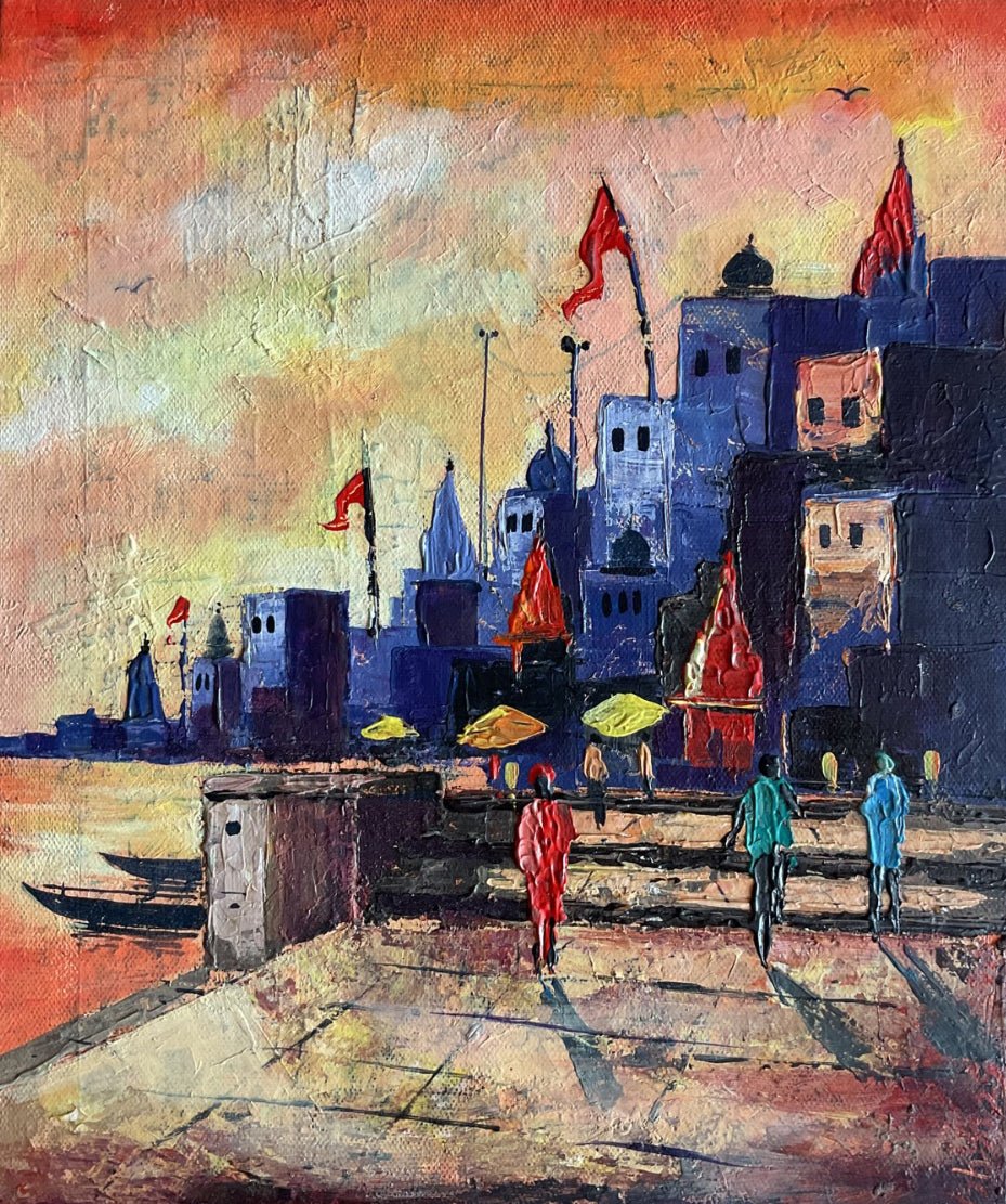 The Spiritual Devotion: Banaras Ghat in Acrylic by Ashish Kumar Mishra Thumbnail
