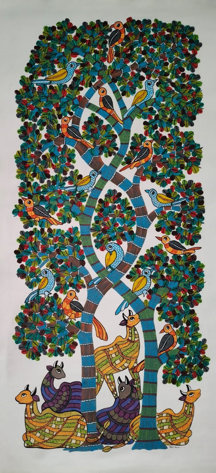 The Thriving Life: Trees, Deer and Birds in Gond Painting by Choti Tekam Thumbnail