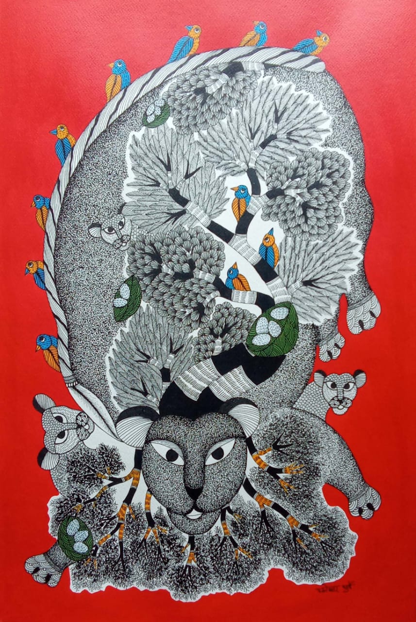 The Tiger's Ecosystem in Gond by Dhneshwar Dhurwey Thumbnail