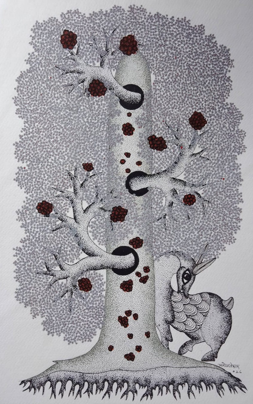 The Tree and the Deer in Gond by Manoj Tekam Thumbnail