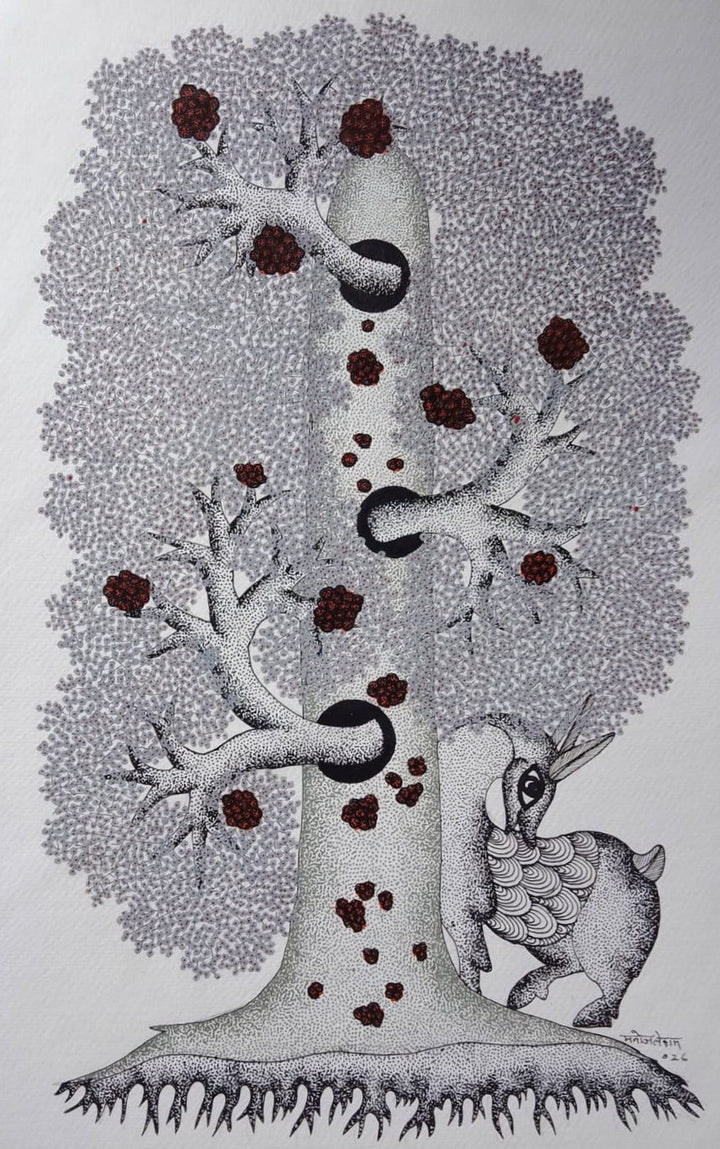 The Tree and the Deer in Gond by Manoj Tekam Thumbnail