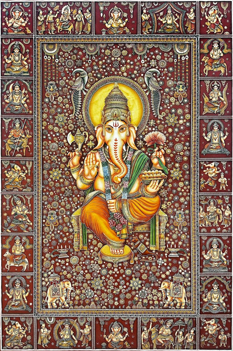 The Vedic Pantheon: Lord Ganesha Amidst Celestial Deities in Stone Dust painting by Amita Sachdeva Thumbnail