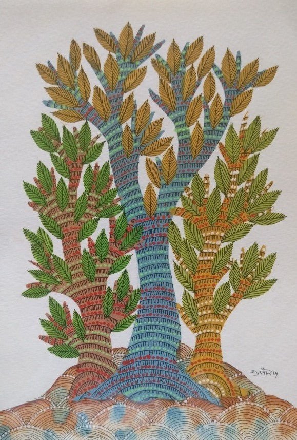 The Vibrant Grove in Gond by Sukhiram Maravi Thumbnail