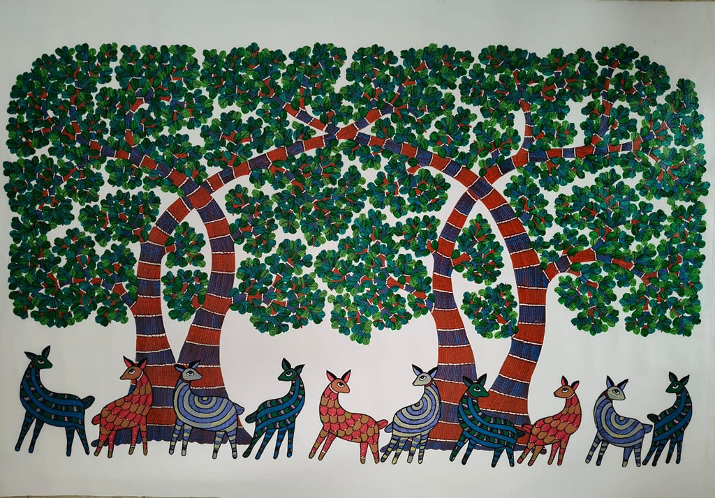 The Vibrant Herd: Trees and Deer in Gond Painting by Choti Tekam Thumbnail