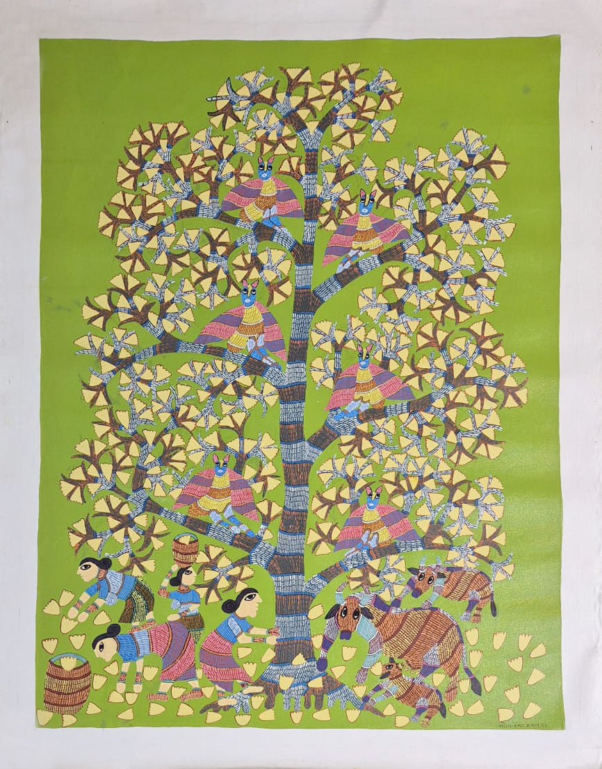 The Village Harvest under the Sacred Tree in Gond by Saroj Venkat Shyam Thumbnail