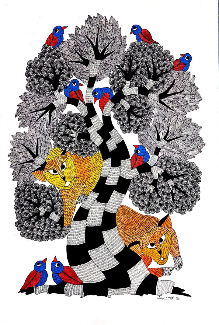 The Watchful Leopards in Gond by Dhneshwar Dhurwey Thumbnail