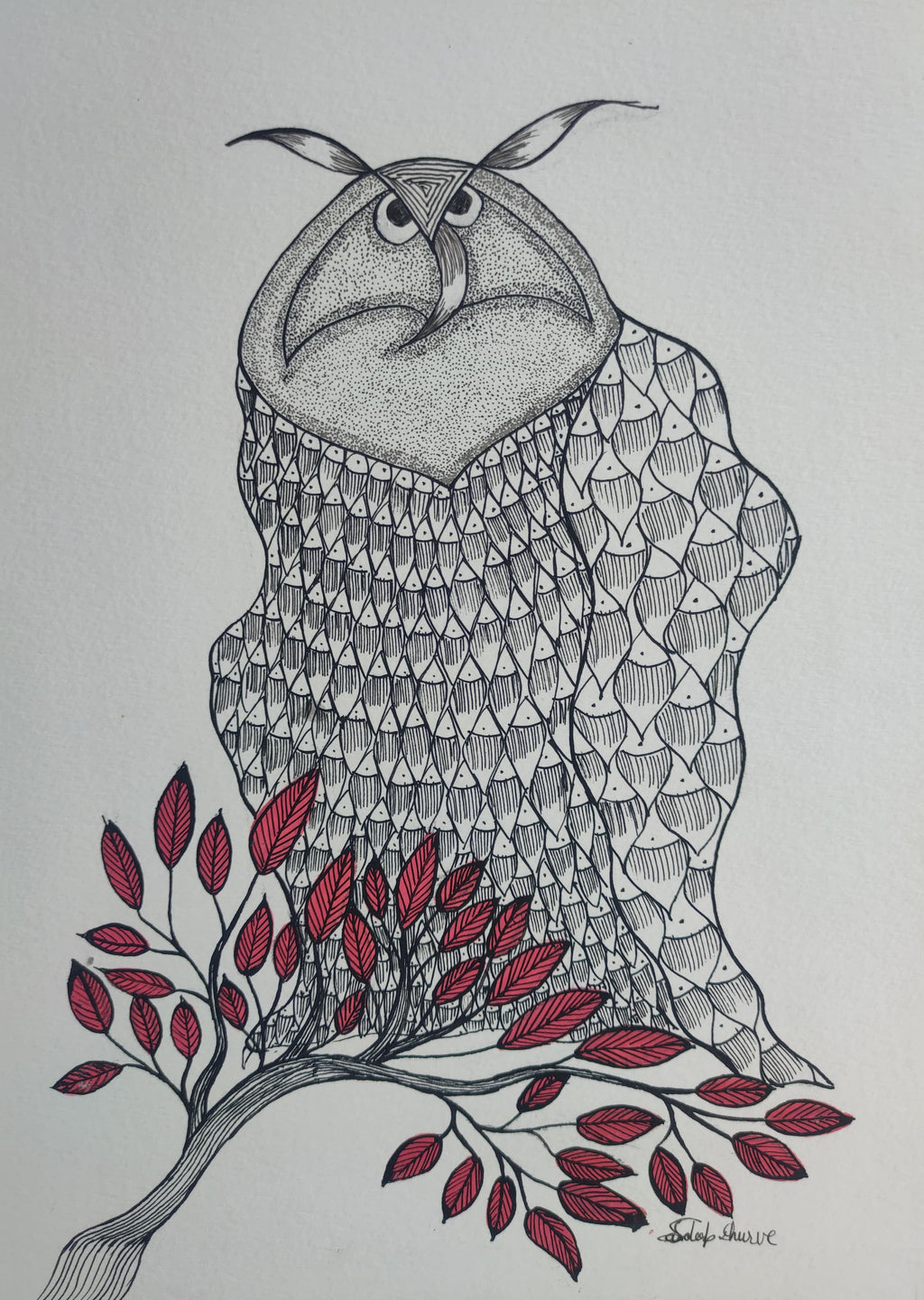 The Watchful Owl In Gond by Sandeep Dhurve Thumbnail