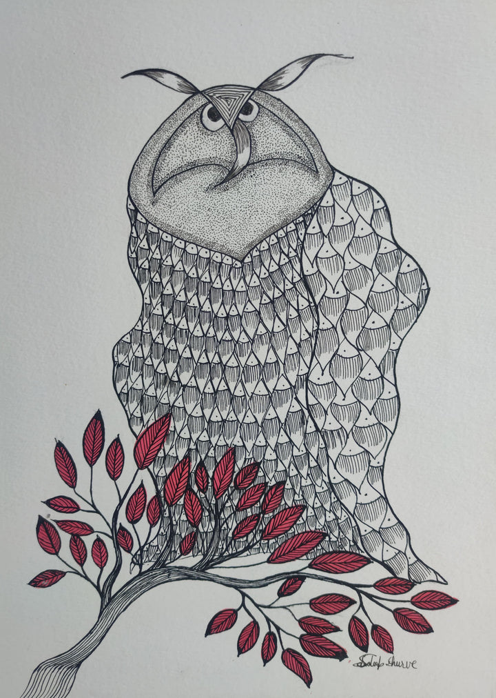 The Watchful Owl In Gond by Sandeep Dhurve Thumbnail