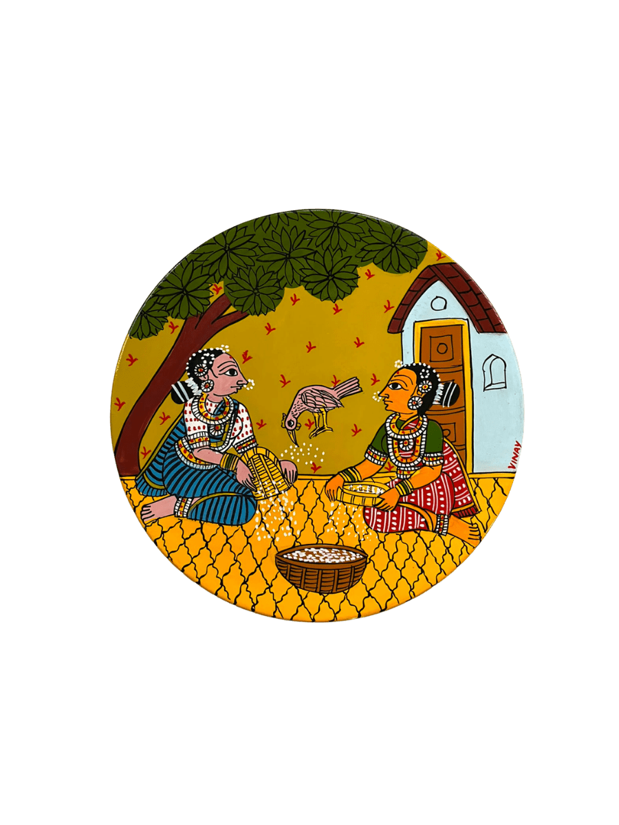The Women and Rice Husking in Cheriyal Scroll Wall Plate by Dhanalakota Rakesh Thumbnail