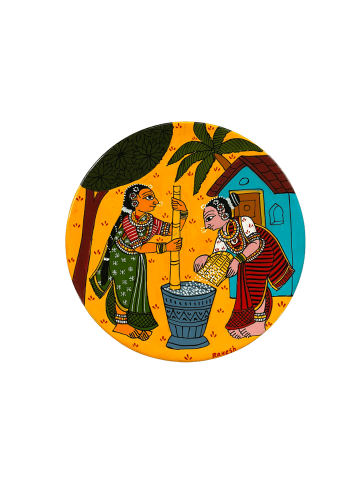 The Women and the Pestle in Cheriyal Scroll Wall Plate by Dhanalakota Rakesh Thumbnail
