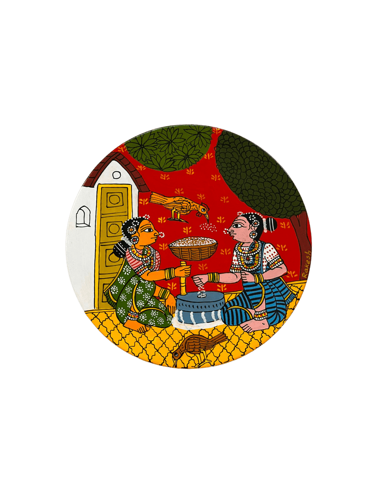 The Women and the Stone Mill in Cheriyal Scroll Wall Plate by Dhanalakota Rakesh Thumbnail