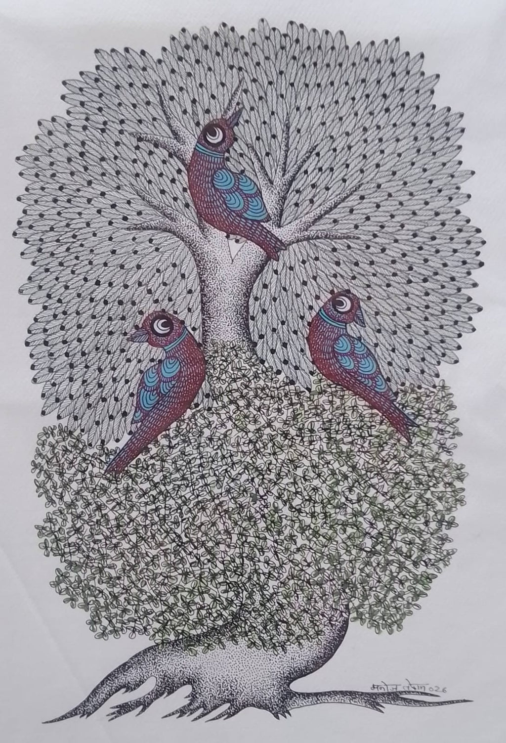 Three Birds on a Tree in Gond by Manoj Tekam Thumbnail
