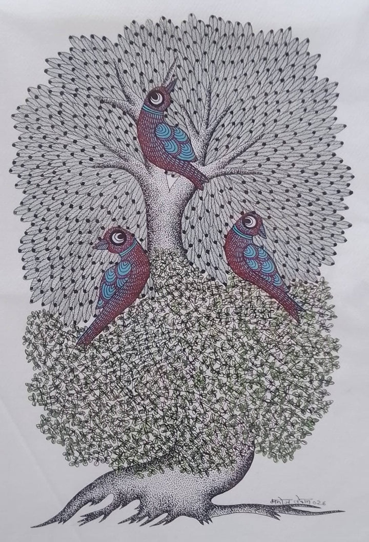 Three Birds on a Tree in Gond by Manoj Tekam Thumbnail