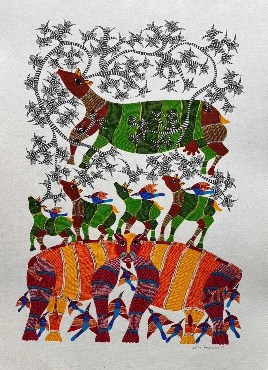 Tigers, Deer and Birds in Gond by Saroj Venkat Shyam Thumbnail