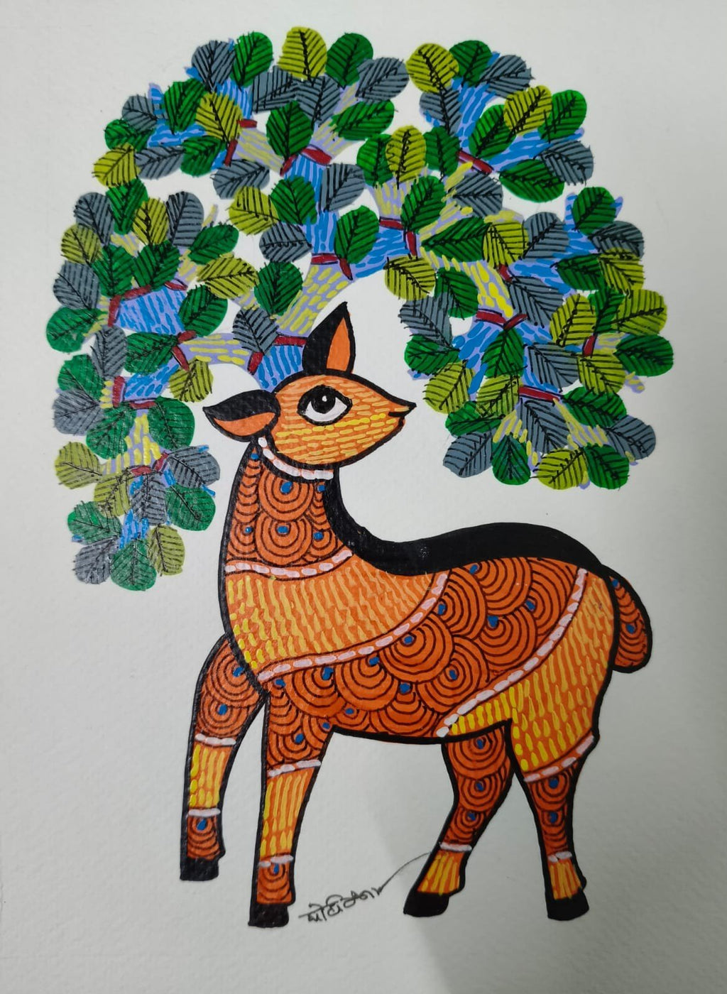 Tree and the Deer in Gond by Choti Tekam Thumbnail
