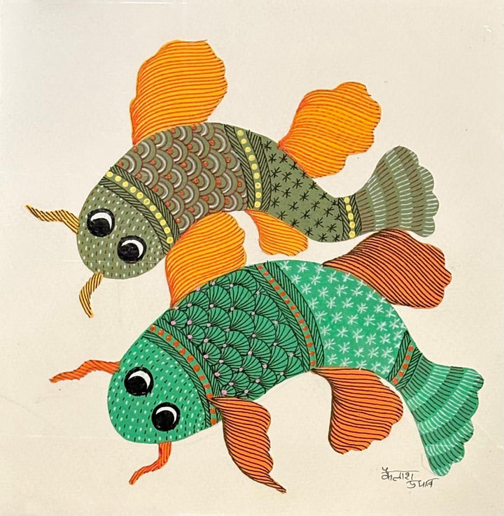 Twin Fish in Harmony in Gond by Kailash Pradhan Thumbnail