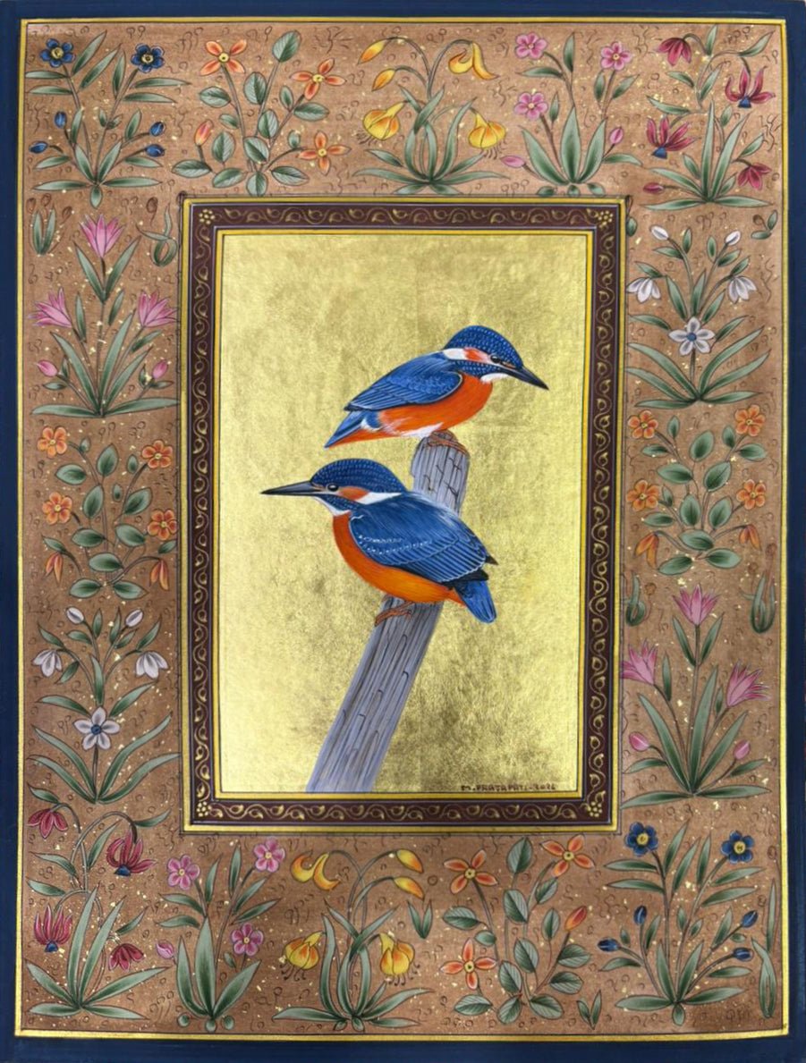 Twin Kingfishers in Vigil in Mughal Miniature by Mohan Prajapati Thumbnail