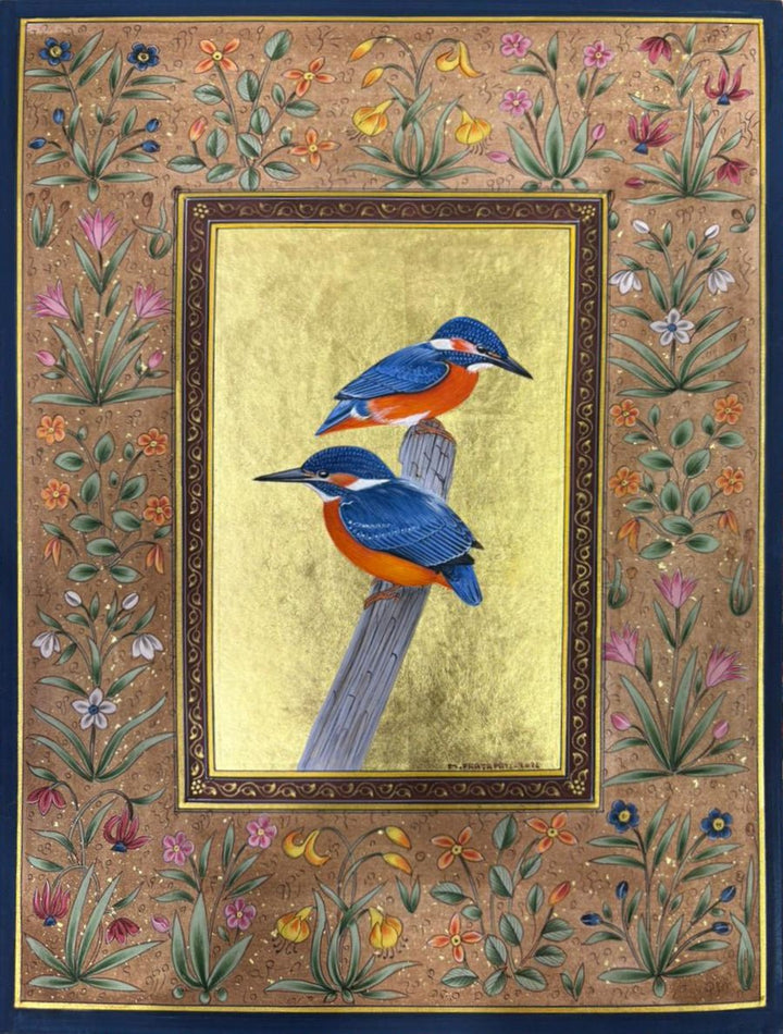 Twin Kingfishers in Vigil in Mughal Miniature by Mohan Prajapati Thumbnail