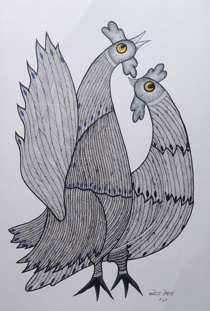 Two Roosters in Gond by Manoj Tekam Thumbnail