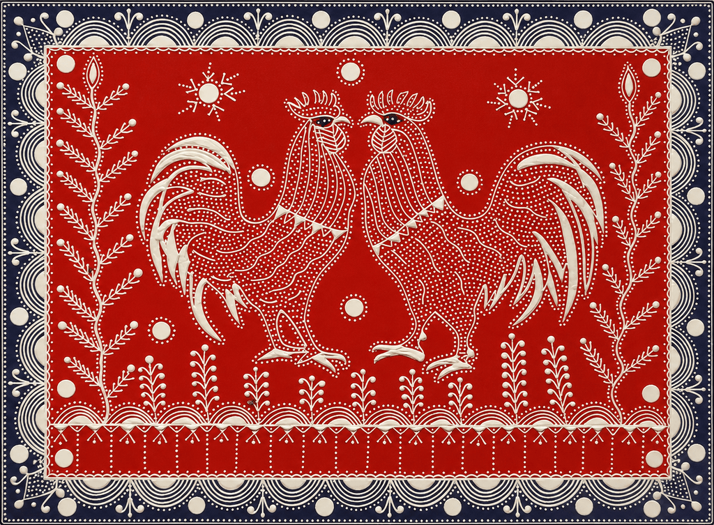 Two Symmetrical Roosters in Mandana by Kaluram Meghvanshi Thumbnail