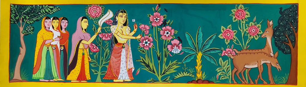 Usha with Attendants in Garden: A Manuscript Painting by Sujit Das Thumbnail