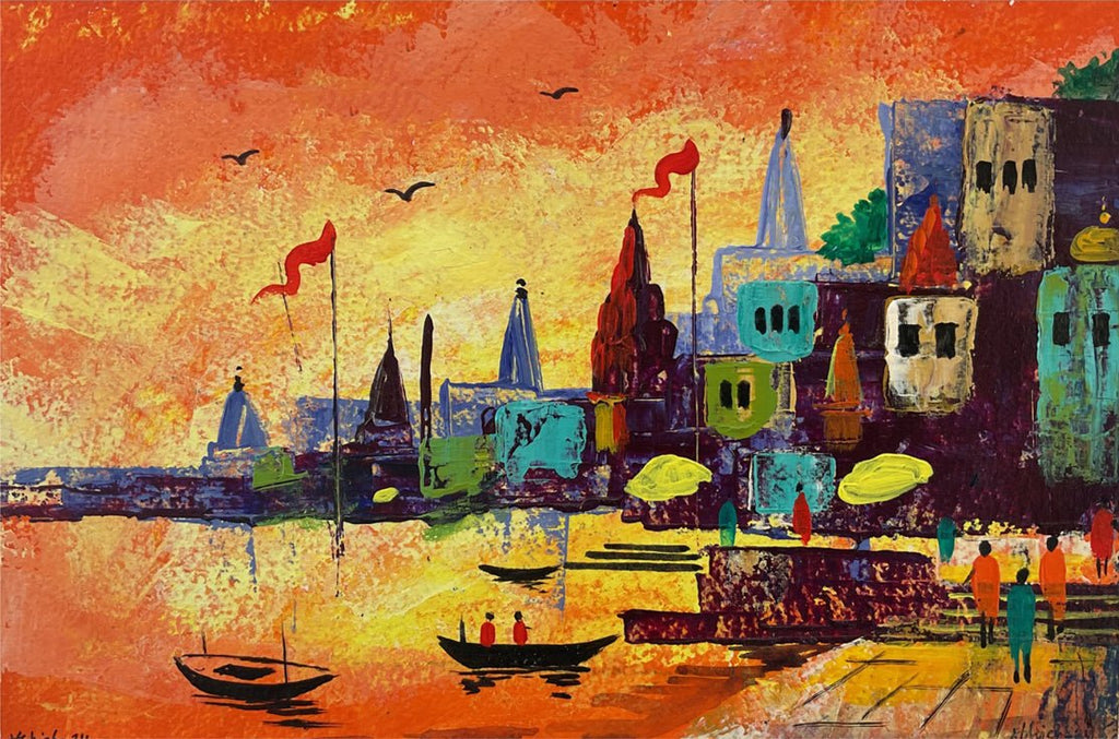 Varanasi Ghat in Acrylic painting by Ashish Kumar Mishra Thumbnail