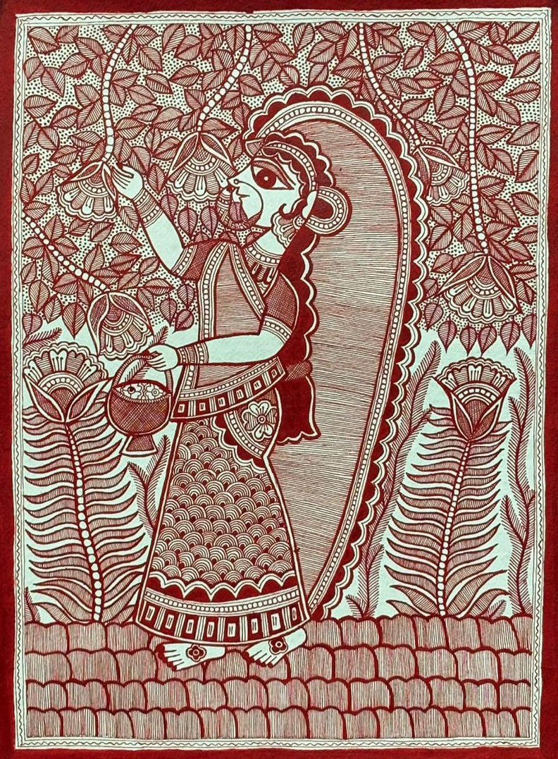 Woman Collecting Flowers in Madhubani by Abdhesh Kumar Karn Thumbnail