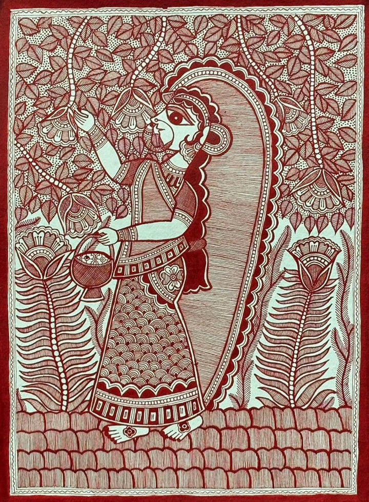 Woman Collecting Flowers in Madhubani by Abdhesh Kumar Karn Thumbnail