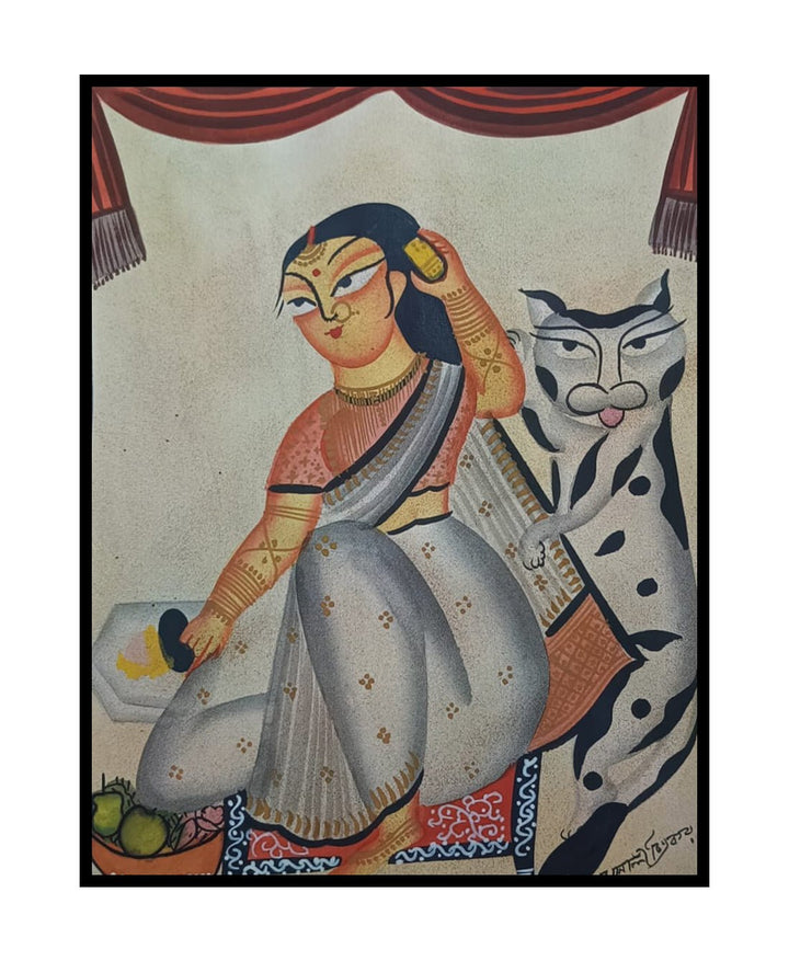 Woman cooking with her cat companion in Kalighat by Sonali Chitrakar Thumbnail