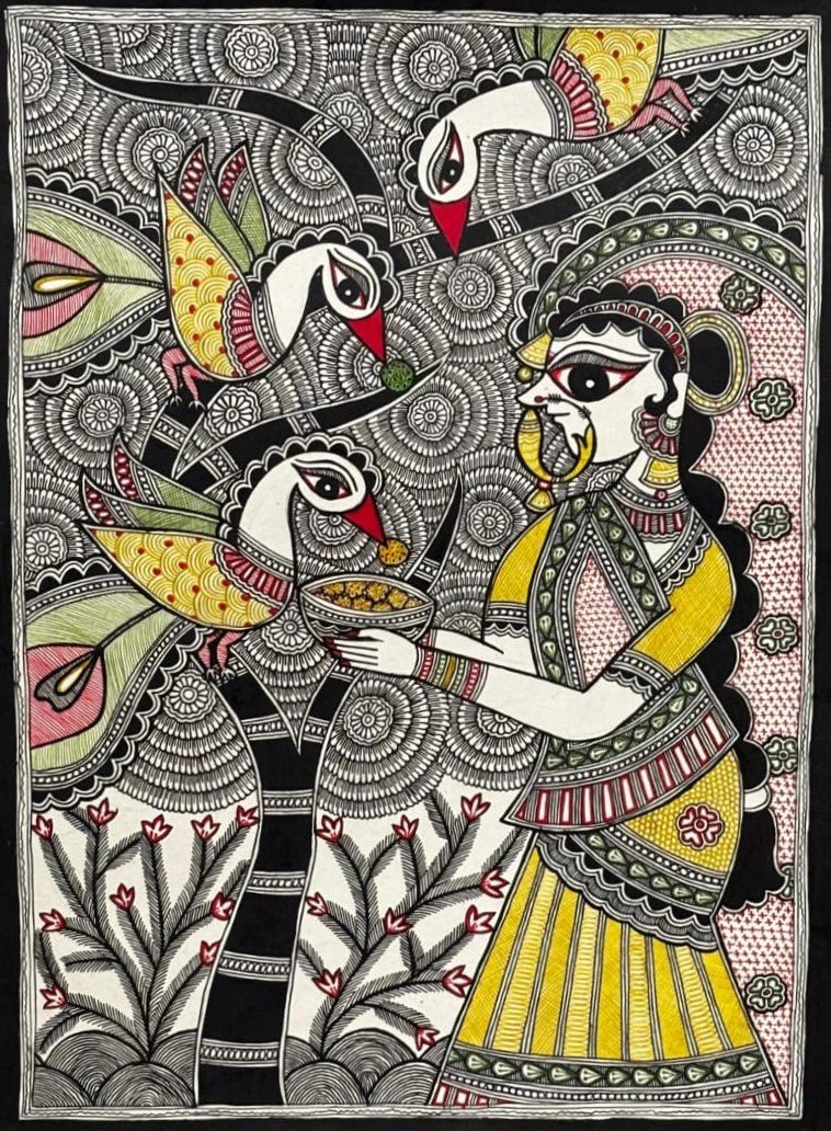 Woman Feeding Peacocks in Madhubani by Abdhesh Kumar Karn Thumbnail