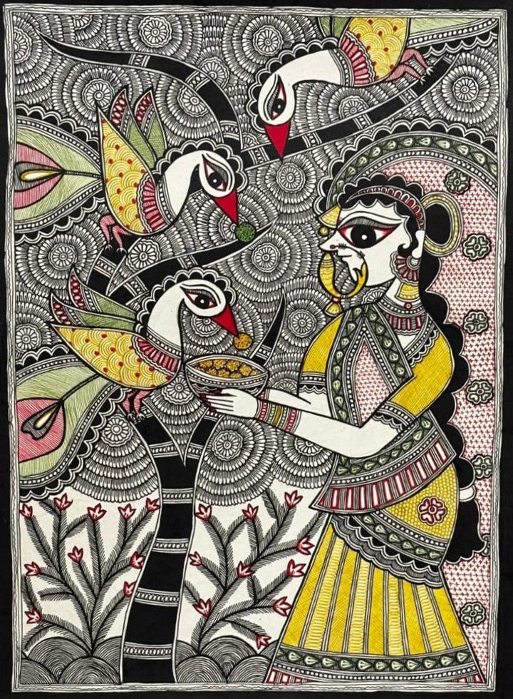 Woman Feeding Peacocks in Madhubani by Abdhesh Kumar Karn Thumbnail