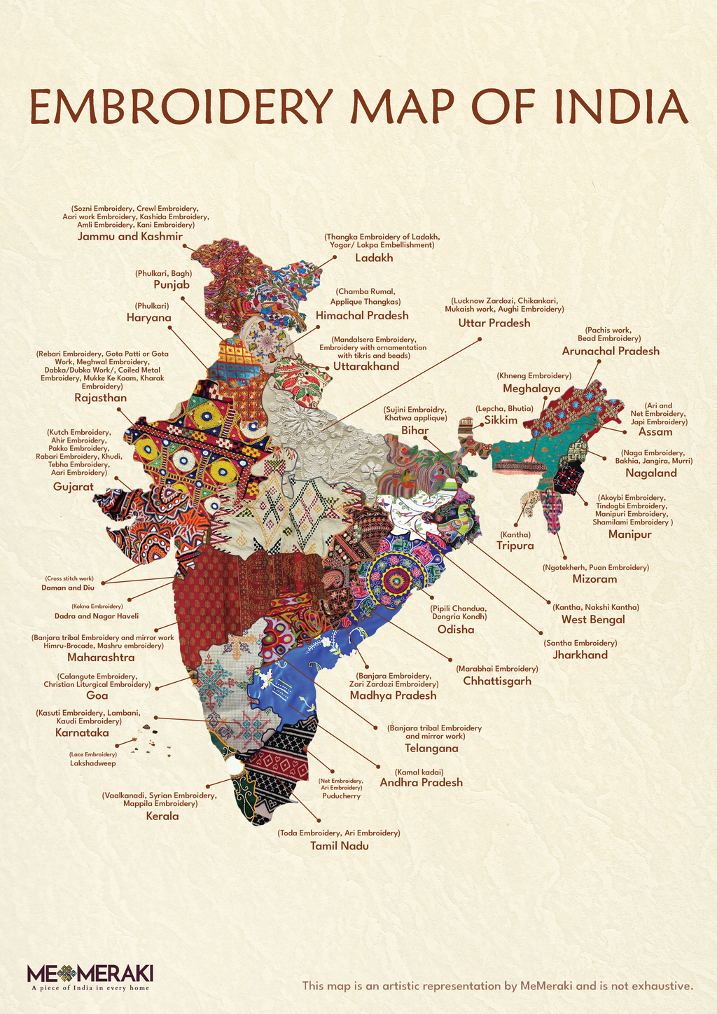 Embroidery Map of India | Home Decor Print by MeMeraki Thumbnail