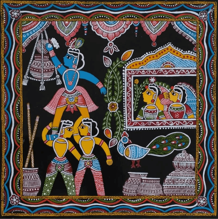 krishna leela scene in Tikuli painting by Ashok Kumar Thumbnail