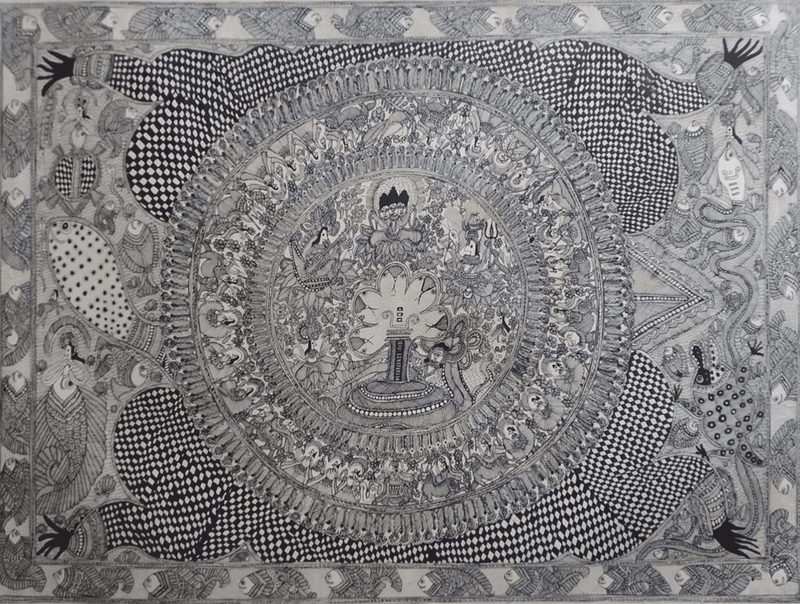 Tortoise and the universe in Madhubani by Naina Creation
